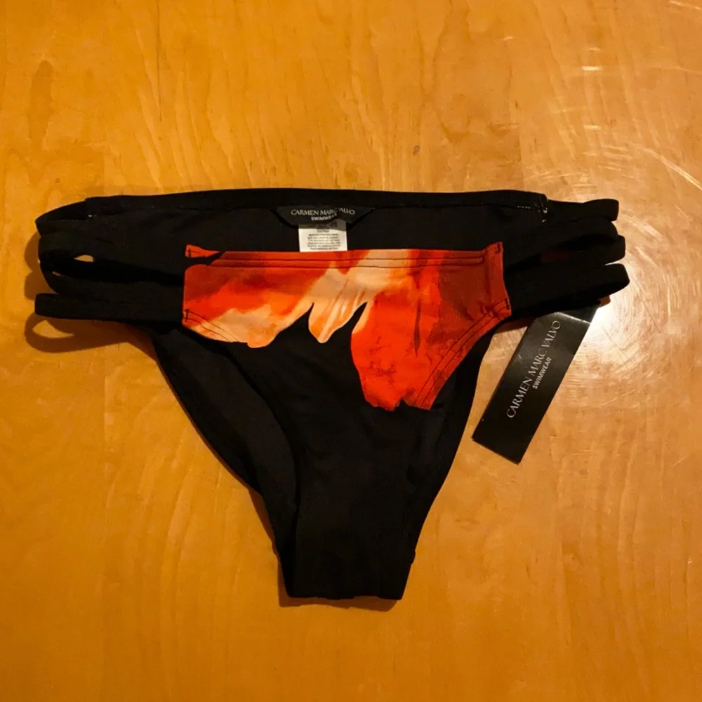 Carmen Marc Valvo Black Bikini Bottom with Red-Orange Print